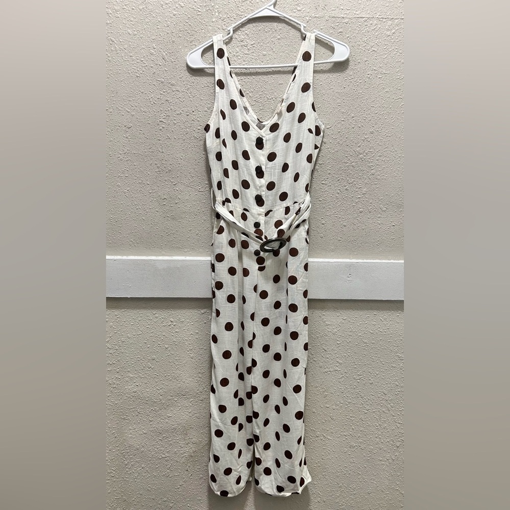 Monteau Polka Dot White with Brown Ankle Length Jumpsuit NWOT Small